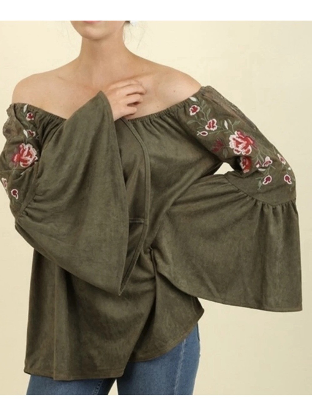 Umgee Olive Green Off-the-Shoulder Embroidered Top Bell Sleeve Lace Oversized S